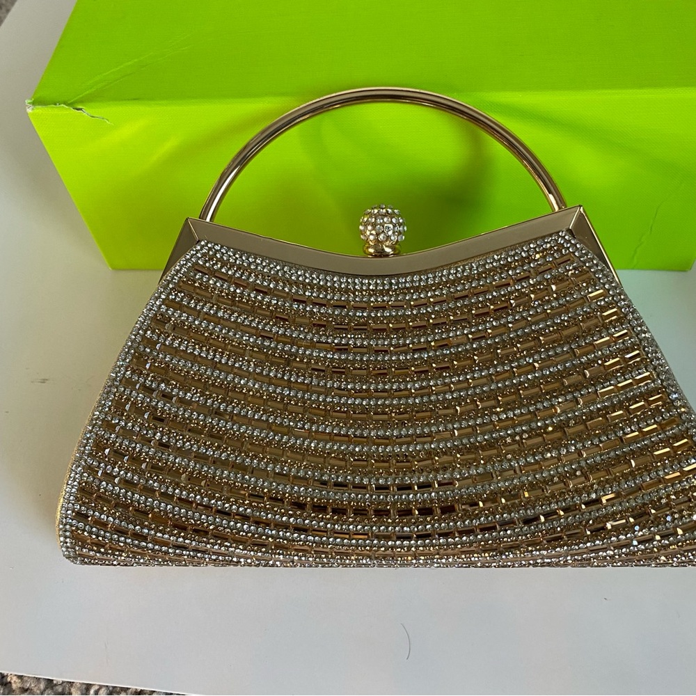 Small Gold and Rhinestone snap closure top handle bag with detachable gold chain